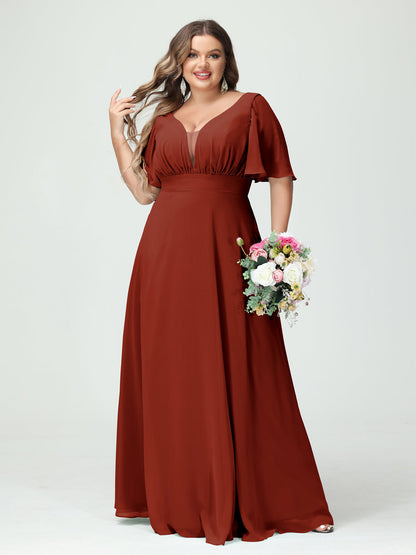 Forme Princesse Col en V Demi manches Mousseline Grande taille Robes de demoiselle d'honneur avec poches