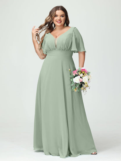 Forme Princesse Col en V Demi manches Mousseline Grande taille Robes de demoiselle d'honneur avec poches