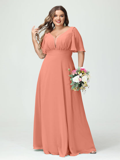 Forme Princesse Col en V Demi manches Mousseline Grande taille Robes de demoiselle d'honneur avec poches