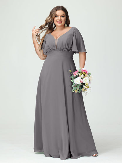Forme Princesse Col en V Demi manches Mousseline Grande taille Robes de demoiselle d'honneur avec poches
