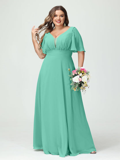 Forme Princesse Col en V Demi manches Mousseline Grande taille Robes de demoiselle d'honneur avec poches