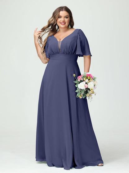 Forme Princesse Col en V Demi manches Mousseline Grande taille Robes de demoiselle d'honneur avec poches