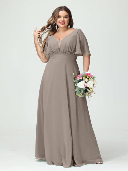 Forme Princesse Col en V Demi manches Mousseline Grande taille Robes de demoiselle d'honneur avec poches