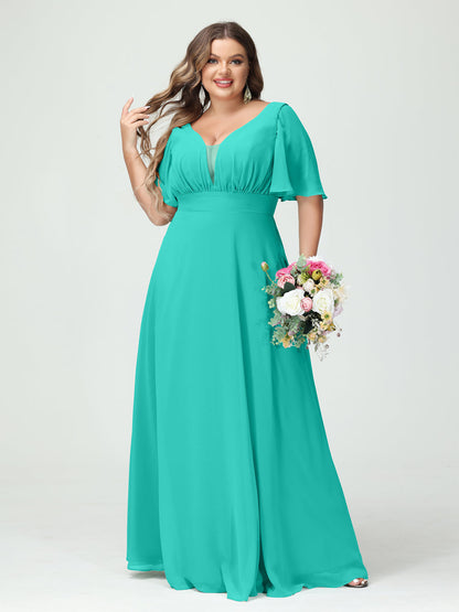 Forme Princesse Col en V Demi manches Mousseline Grande taille Robes de demoiselle d'honneur avec poches