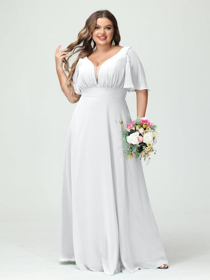 Forme Princesse Col en V Demi manches Mousseline Grande taille Robes de demoiselle d'honneur avec poches