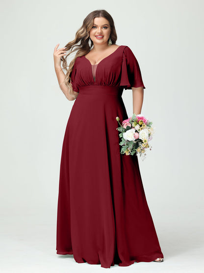 Forme Princesse Col en V Demi manches Mousseline Grande taille Robes de demoiselle d'honneur avec poches
