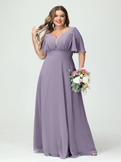 Forme Princesse Col en V Demi manches Mousseline Grande taille Robes de demoiselle d'honneur avec poches