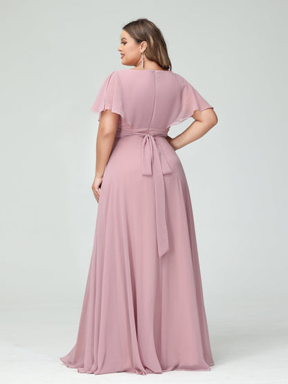 Forme Princesse Col V Manches Courtes Mousseline Grande taille Robes de demoiselle d'honneur avec Poches