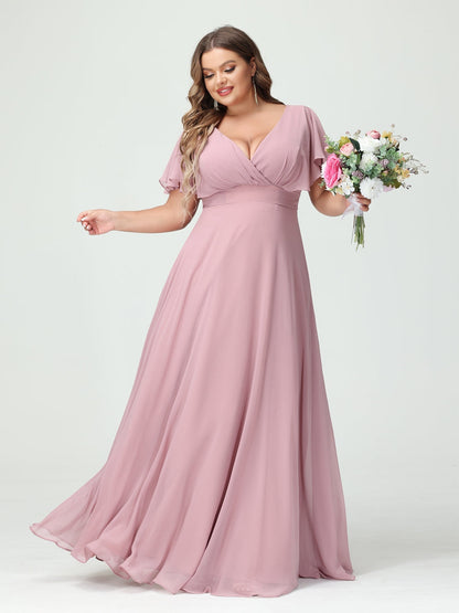 Forme Princesse Col V Manches Courtes Mousseline Grande taille Robes de demoiselle d'honneur avec Poches