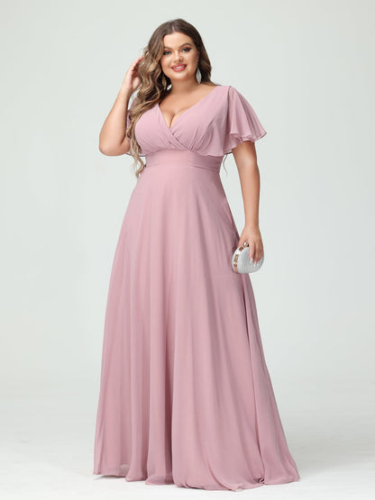 Forme Princesse Col V Manches Courtes Mousseline Grande taille Robes de demoiselle d'honneur avec Poches