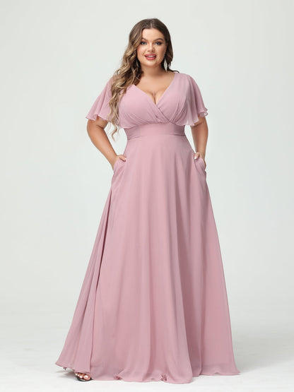 Forme Princesse Col V Manches Courtes Mousseline Grande taille Robes de demoiselle d'honneur avec Poches
