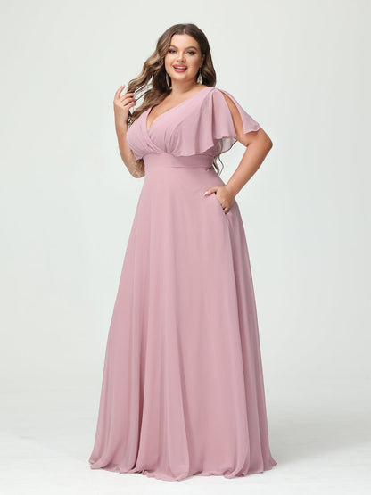 Forme Princesse Col V Manches Courtes Mousseline Grande taille Robes de demoiselle d'honneur avec Poches