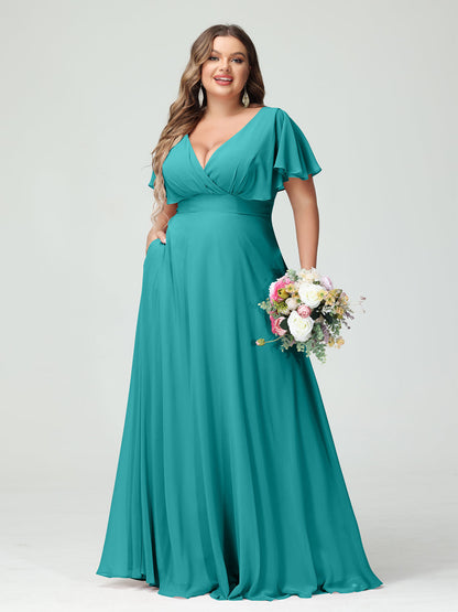 Forme Princesse Col V Manches Courtes Mousseline Grande taille Robes de demoiselle d'honneur avec Poches