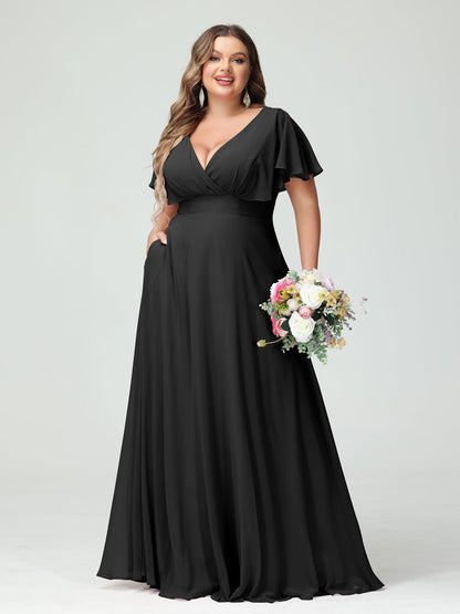 Forme Princesse Col V Manches Courtes Mousseline Grande taille Robes de demoiselle d'honneur avec Poches