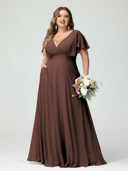 Forme Princesse Col V Manches Courtes Mousseline Grande taille Robes de demoiselle d'honneur avec Poches