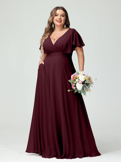 Forme Princesse Col V Manches Courtes Mousseline Grande taille Robes de demoiselle d'honneur avec Poches