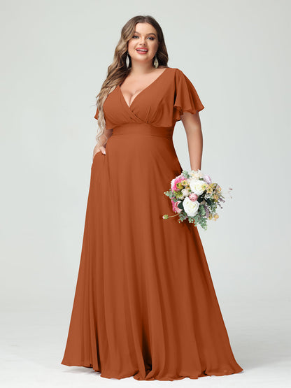 Forme Princesse Col V Manches Courtes Mousseline Grande taille Robes de demoiselle d'honneur avec Poches