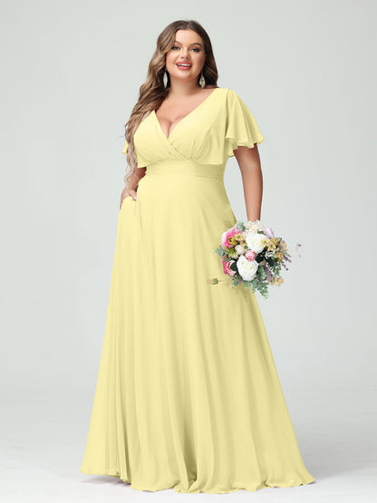 Forme Princesse Col V Manches Courtes Mousseline Grande taille Robes de demoiselle d'honneur avec Poches
