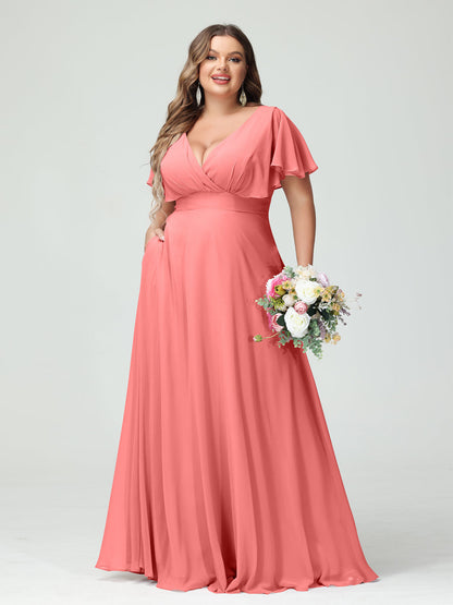 Forme Princesse Col V Manches Courtes Mousseline Grande taille Robes de demoiselle d'honneur avec Poches