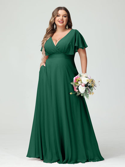 Forme Princesse Col V Manches Courtes Mousseline Grande taille Robes de demoiselle d'honneur avec Poches