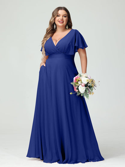 Forme Princesse Col V Manches Courtes Mousseline Grande taille Robes de demoiselle d'honneur avec Poches