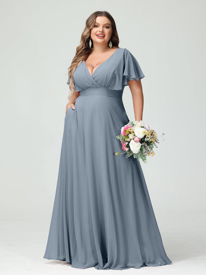 Forme Princesse Col V Manches Courtes Mousseline Grande taille Robes de demoiselle d'honneur avec Poches