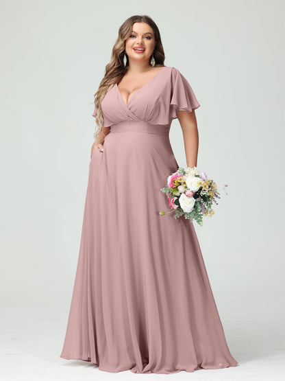 Forme Princesse Col V Manches Courtes Mousseline Grande taille Robes de demoiselle d'honneur avec Poches