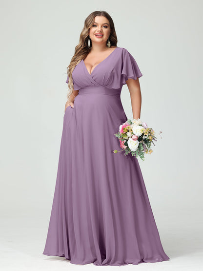 Forme Princesse Col V Manches Courtes Mousseline Grande taille Robes de demoiselle d'honneur avec Poches