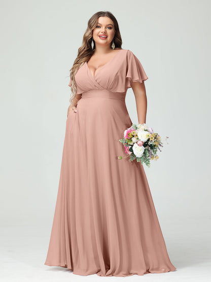 Forme Princesse Col V Manches Courtes Mousseline Grande taille Robes de demoiselle d'honneur avec Poches