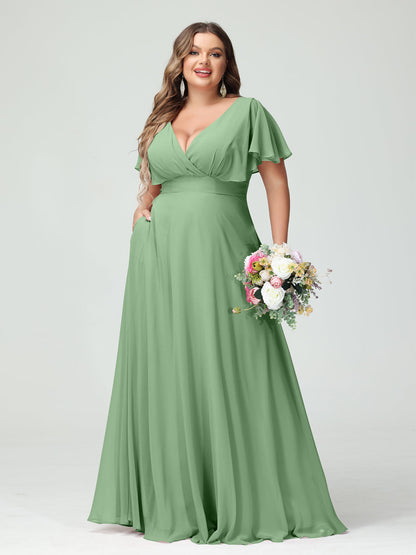 Forme Princesse Col V Manches Courtes Mousseline Grande taille Robes de demoiselle d'honneur avec Poches