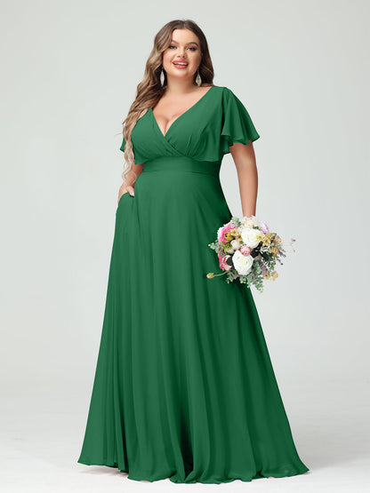 Forme Princesse Col V Manches Courtes Mousseline Grande taille Robes de demoiselle d'honneur avec Poches
