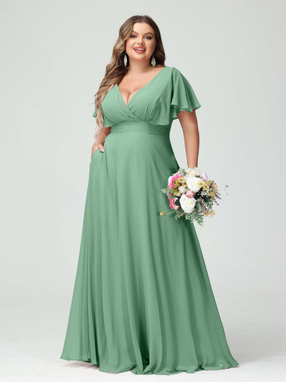 Forme Princesse Col V Manches Courtes Mousseline Grande taille Robes de demoiselle d'honneur avec Poches