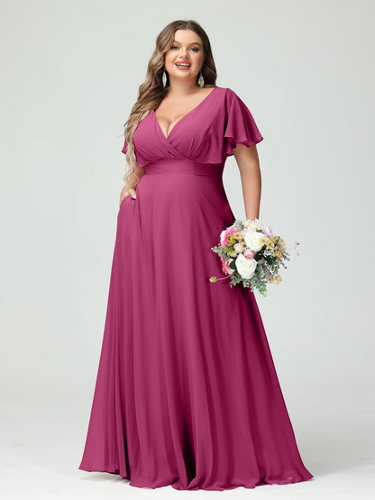 Forme Princesse Col V Manches Courtes Mousseline Grande taille Robes de demoiselle d'honneur avec Poches