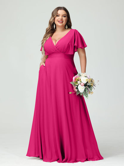 Forme Princesse Col V Manches Courtes Mousseline Grande taille Robes de demoiselle d'honneur avec Poches