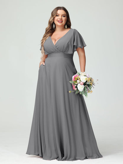 Forme Princesse Col V Manches Courtes Mousseline Grande taille Robes de demoiselle d'honneur avec Poches
