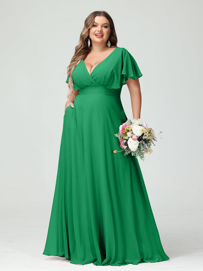 Forme Princesse Col V Manches Courtes Mousseline Grande taille Robes de demoiselle d'honneur avec Poches