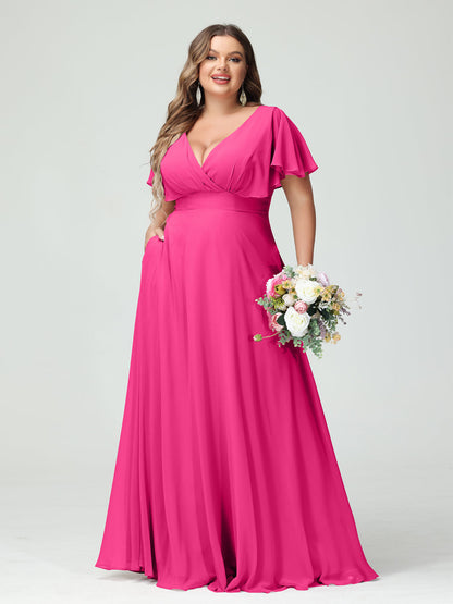 Forme Princesse Col V Manches Courtes Mousseline Grande taille Robes de demoiselle d'honneur avec Poches