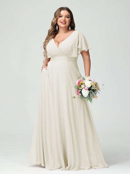 Forme Princesse Col V Manches Courtes Mousseline Grande taille Robes de demoiselle d'honneur avec Poches