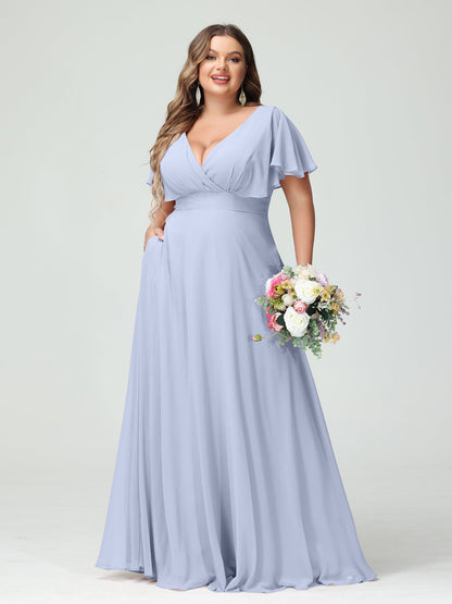 Forme Princesse Col V Manches Courtes Mousseline Grande taille Robes de demoiselle d'honneur avec Poches
