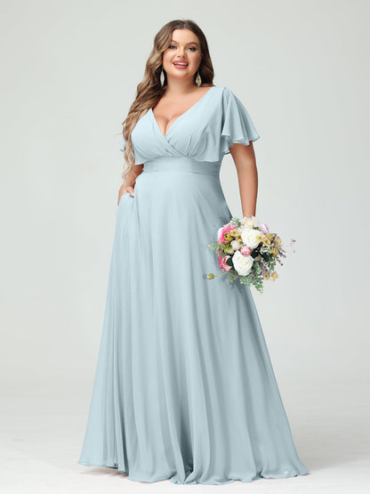 Forme Princesse Col V Manches Courtes Mousseline Grande taille Robes de demoiselle d'honneur avec Poches