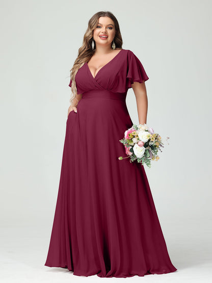 Forme Princesse Col V Manches Courtes Mousseline Grande taille Robes de demoiselle d'honneur avec Poches