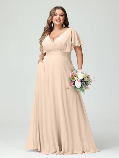 Forme Princesse Col V Manches Courtes Mousseline Grande taille Robes de demoiselle d'honneur avec Poches