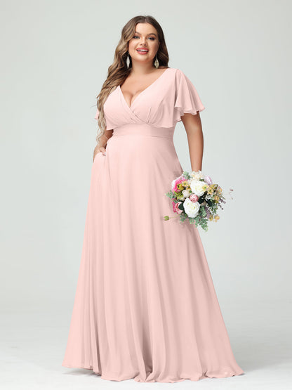 Forme Princesse Col V Manches Courtes Mousseline Grande taille Robes de demoiselle d'honneur avec Poches