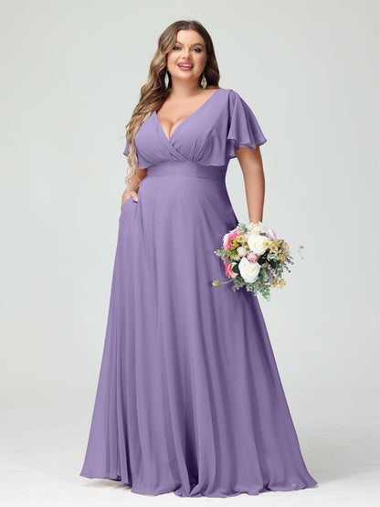 Forme Princesse Col V Manches Courtes Mousseline Grande taille Robes de demoiselle d'honneur avec Poches
