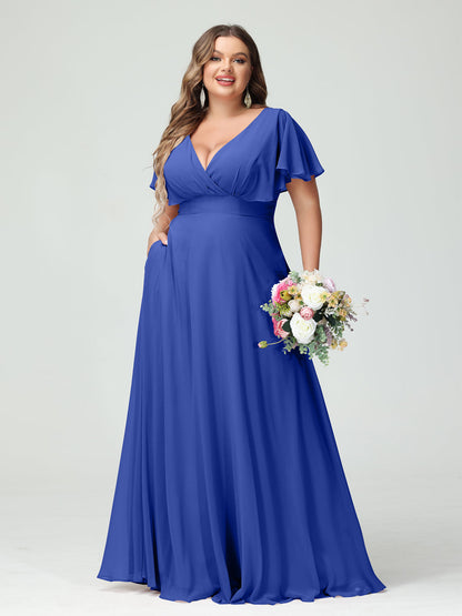 Forme Princesse Col V Manches Courtes Mousseline Grande taille Robes de demoiselle d'honneur avec Poches