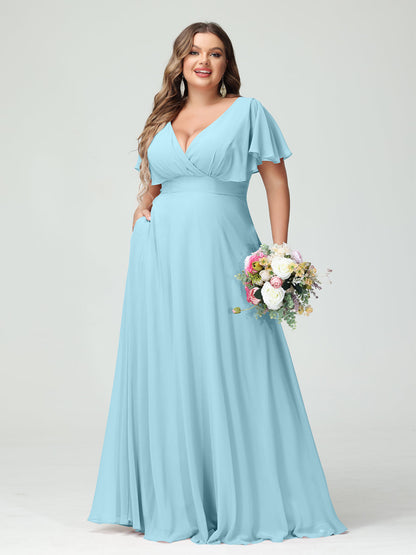 Forme Princesse Col V Manches Courtes Mousseline Grande taille Robes de demoiselle d'honneur avec Poches