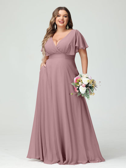 Forme Princesse Col V Manches Courtes Mousseline Grande taille Robes de demoiselle d'honneur avec Poches