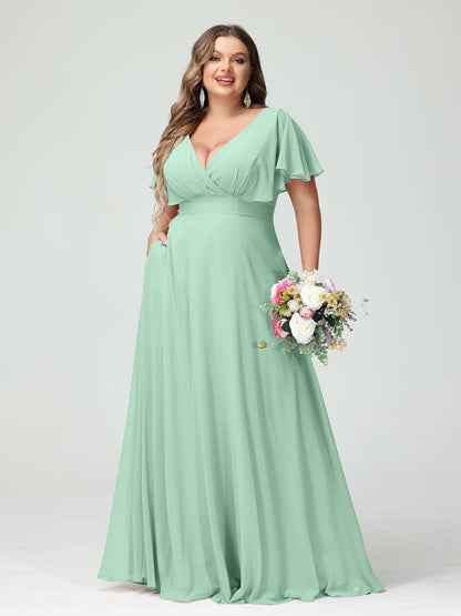Forme Princesse Col V Manches Courtes Mousseline Grande taille Robes de demoiselle d'honneur avec Poches