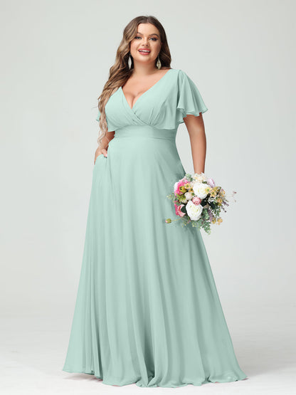 Forme Princesse Col V Manches Courtes Mousseline Grande taille Robes de demoiselle d'honneur avec Poches