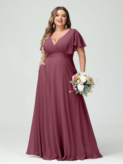 Forme Princesse Col V Manches Courtes Mousseline Grande taille Robes de demoiselle d'honneur avec Poches